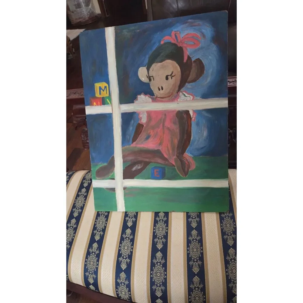 Vintage Style Whimsical Girl Monkey Nursery Folk Art Painting Original Canvas